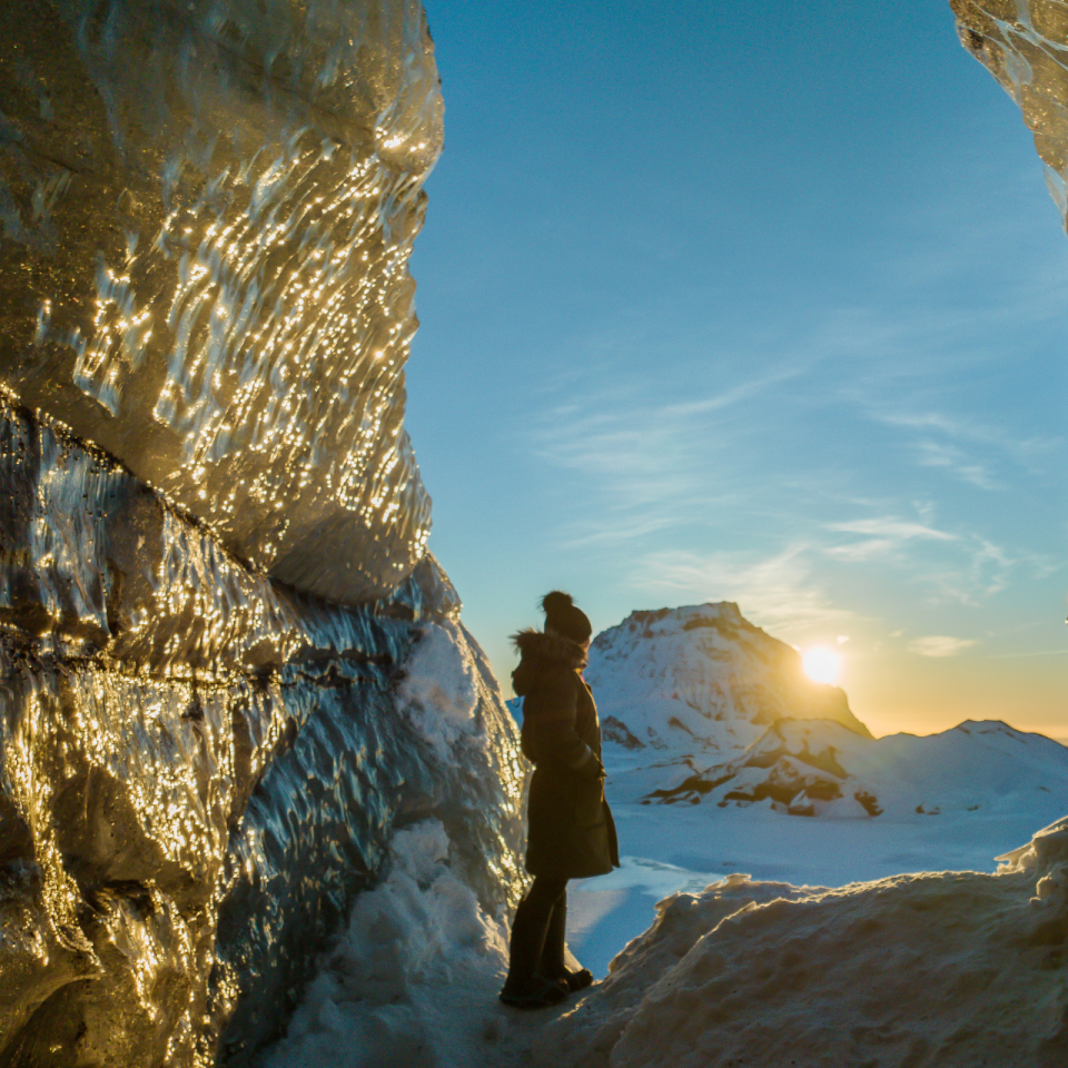Hiker looking out from Katla Glacier